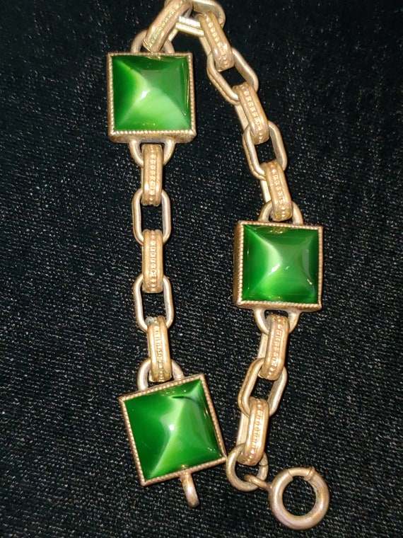 1930's Brass Green Pyramid Glass Bracelet Opalesc… - image 8