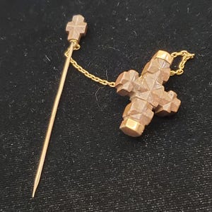10k Rose Gold Victorian Gutapercha Carved Double Cross Mourning Brooch