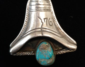 Vintage Sterling Turquoise Liberty Bell Pendant 1976 Bicentennial Boho Groovy