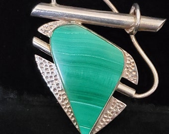 Sterling Malachite Brooch Pendant Mod Artistic Free-form Handmade