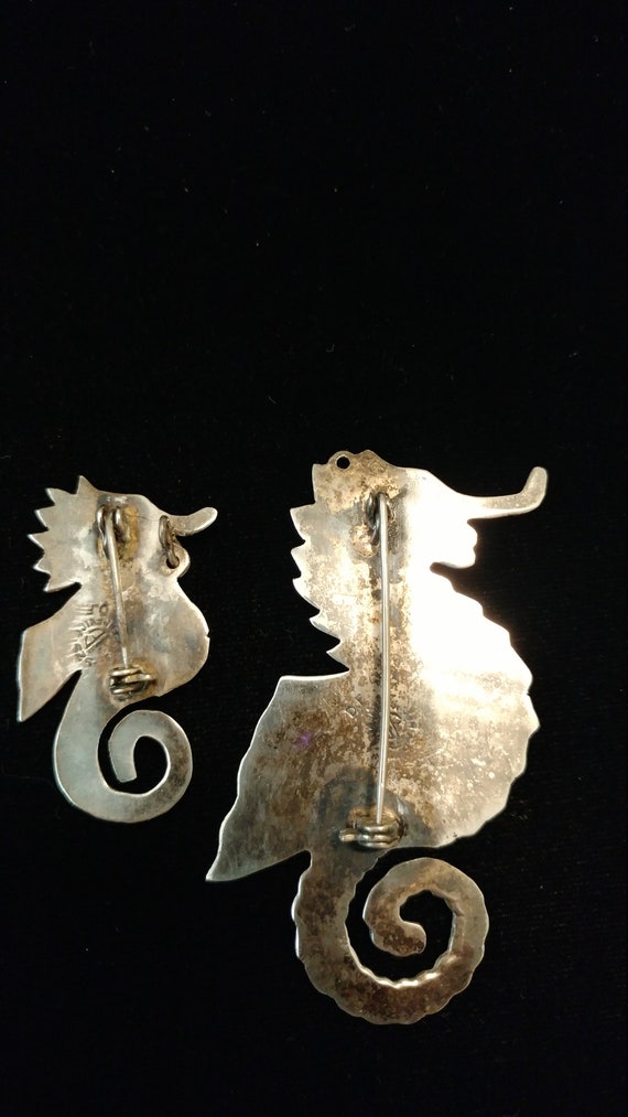 Mexican Sterling Seahorse Brooches Mama and Baby … - image 3