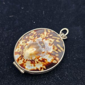 May include: Oval pendant featuring a polished seashell encased in a silver-toned metal frame. The shell displays a natural pattern of brown, tan, and white hues. The pendant has a small loop at the top for attaching to a chain.