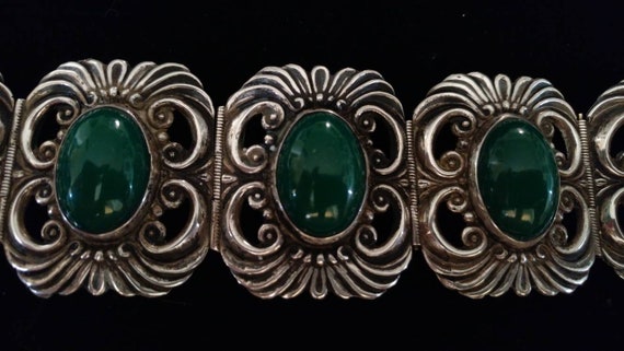 Early Mexican Sterling Green Onyx "Winged" Bracel… - image 5