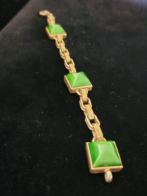 1930's Brass Green Pyramid Glass Bracelet Opalesc… - image 3