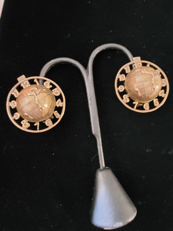 Vintage Brass Globe and Clock Face Clip-on Earring