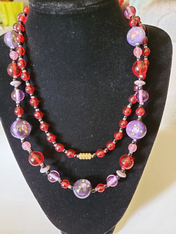 Vintage Beaded Red and Purple Rose Art Glass  Long
