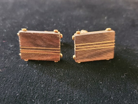 Vintage Wood Gold Tone  Mid-century Men's Cufflin… - image 2