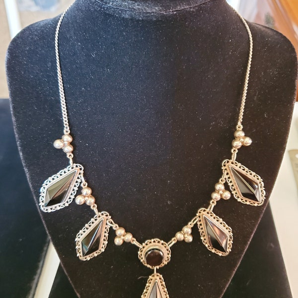 Vintage Mexico Sterling Onyx Necklace Earrings Set Lacy Dainty Pre- 1970's Feminine Pendants