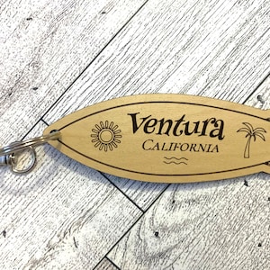 Ventura, CA Keychain | California Souvenir | Wooden Surfboard Keychain | Ocean Keychain