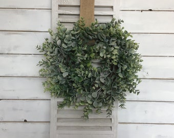 Farmhouse wall decor Shutter with wreath Eucalyptus wreath Rustic wall decor Wreath on shutter Farmhouse wreath decor Home accent