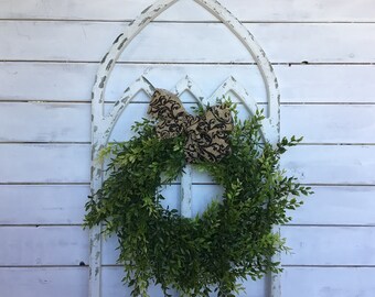 Farmhouse wall decor Distressed window frame Cathedral window frame with wreath Rustic wall decor Chippy wood window frame Farmhouse mantel