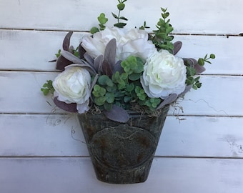 Farmhouse floral arrangement Wall pocket planter Lambs ear and eucalyptus arrangement Faux peony arrangement Front door decor Housewarming