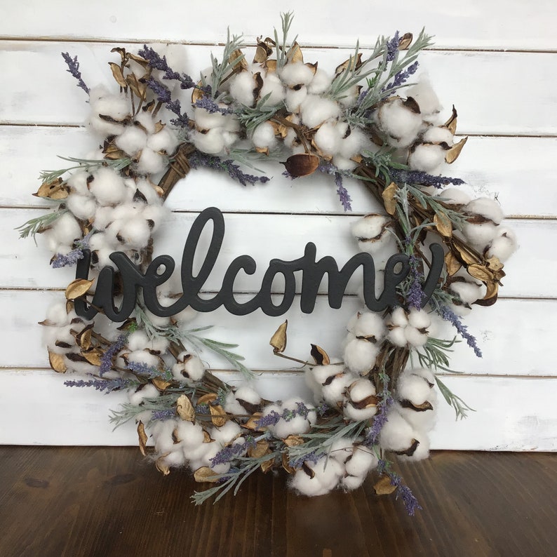 Front door wreath Welcome wreath Farmhouse cotton wreath Cotton and lavender wreath decor Farmhouse wreath decor Farmhouse decor Front door