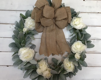 Gorgeous farmhouse wreath Lambs ear and rose wreath Farmhouse wreath decor Front door decor Housewarming gift Faux floral decor