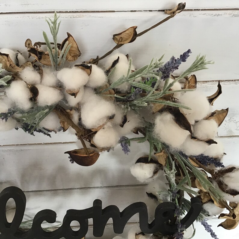 Front door wreath Welcome wreath Farmhouse cotton wreath Cotton and lavender wreath decor Farmhouse wreath decor Farmhouse decor Front door