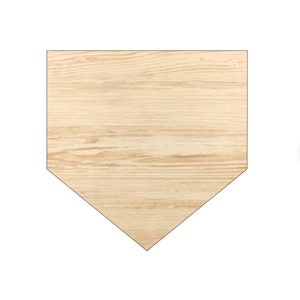 May include: A wooden home plate shaped like a diamond with a light brown wood grain.