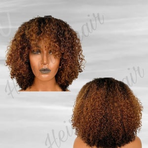 CARMEN Beginners Wig Glueless Wig  Natural Curly Kinky Curly  100% Human Hai Lace Wig  Layered Bang Wig  Ombre Curly Wig