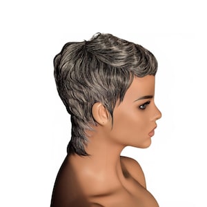 May include: A mannequin head with a short, layered wig. The wig is a mix of gray and light brown, styled with textured waves. The mannequin has a neutral expression and is set against a white background.