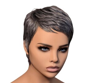 Remy Human Hair Pixie Wig: Short Swoop Bang, Black Brown  display picture 3