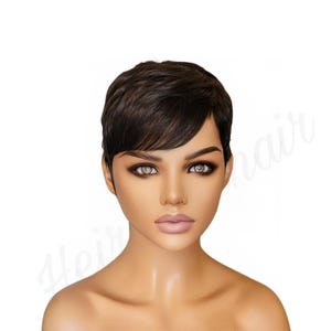 May include: A short, dark brown wig with a side part and bangs. The wig is styled in a pixie cut and is worn by a mannequin with a neutral expression.