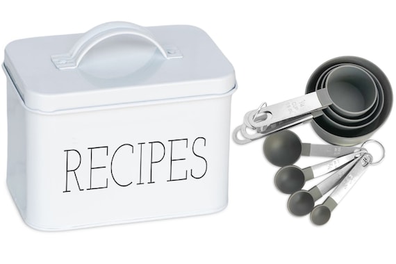 RECIPE TIN BOX Kitchen D cor Black Lettering 4 X 6 Recipe Cards