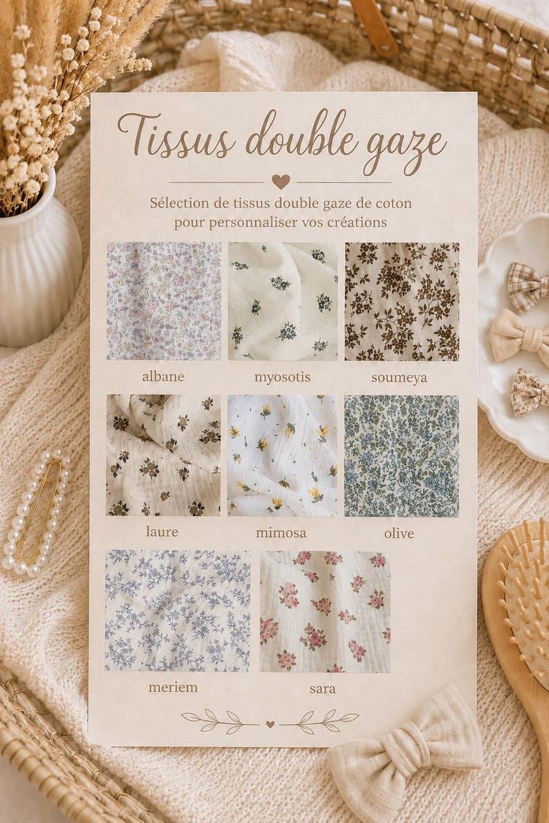 May include: A rectangular informational card titled Tissus double gaze featuring eight square fabric swatches with floral patterns labeled albane, myosotis, soumeya, laure, mimosa, olive, meriem, and sara, printed on a light beige background.