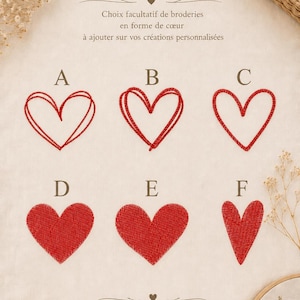 May include: A chart displaying six red heart embroidery options labeled A through F. The top text reads Coeurs, Choix facultatif de broderies en forme de c&oelig;ur &agrave; ajouter sur vos cr&eacute;ations personnalis&eacute;es. Hearts A, B, and C are outlines, while D, E, and F are filled.