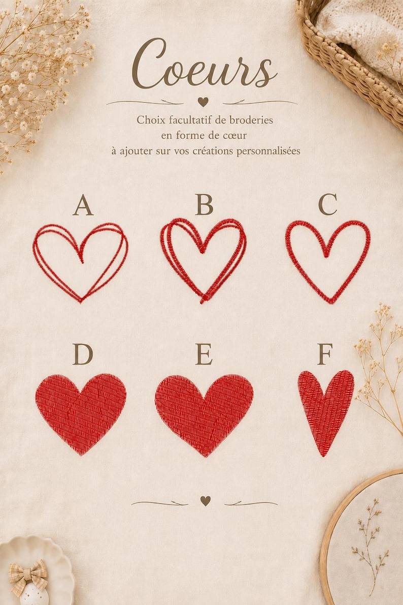 May include: A chart displaying six red heart embroidery options labeled A through F. The top text reads Coeurs, Choix facultatif de broderies en forme de c&oelig;ur &agrave; ajouter sur vos cr&eacute;ations personnalis&eacute;es. Hearts A, B, and C are outlines, while D, E, and F are filled.