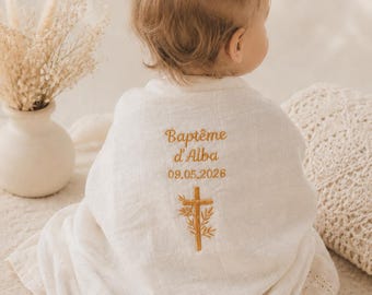 Châle de Baptême Personnalisé Brodé – Motif au choix – Coton doux – Fait main