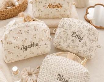 Trousse de toilette personnalisée brodée – Prénom ou initiale – Gaze de coton – Cadeau fête des mères – Vanity bébé ou adulte