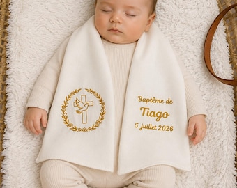 Echarpe Étole de Baptême Personnalisée Brodée blanc cassé – Motif au choix – Coton doux – Fait main