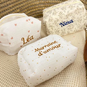 Trousse de toilette personnalisée brodée – Cadeau femme, naissance, EVJF – Format rectangulaire – Fait main en France