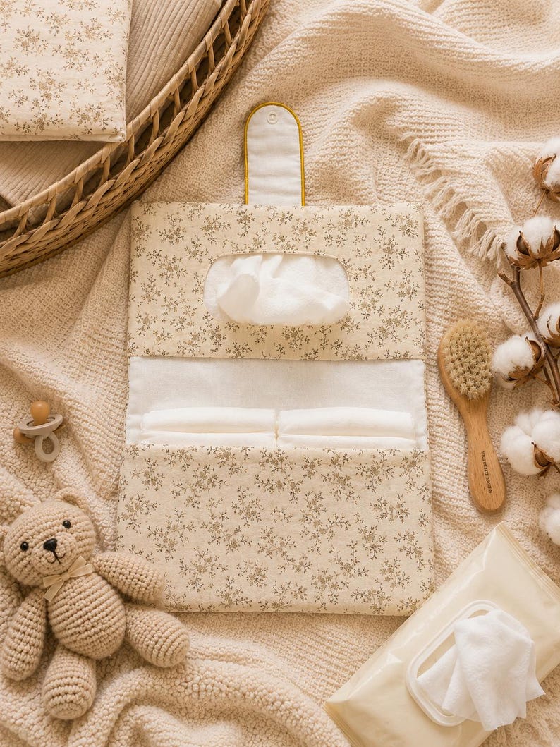May include: A rectangular fabric diaper clutch featuring a beige floral pattern. The clutch has a top flap with a snap closure, an opening for dispensing wipes, and an interior pocket containing two folded white diapers.