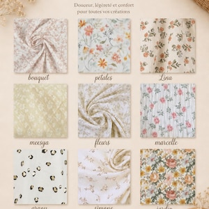 May include: A collection of nine double gauze fabric swatches featuring various floral, botanical, and animal print patterns. The text Tissus double gaze imprim&eacute;s is displayed at the top, with individual labels for each fabric swatch including bouquet, p&eacute;tales, lina, meesya, fleurs, marcelle, graou, simone, and jardin.