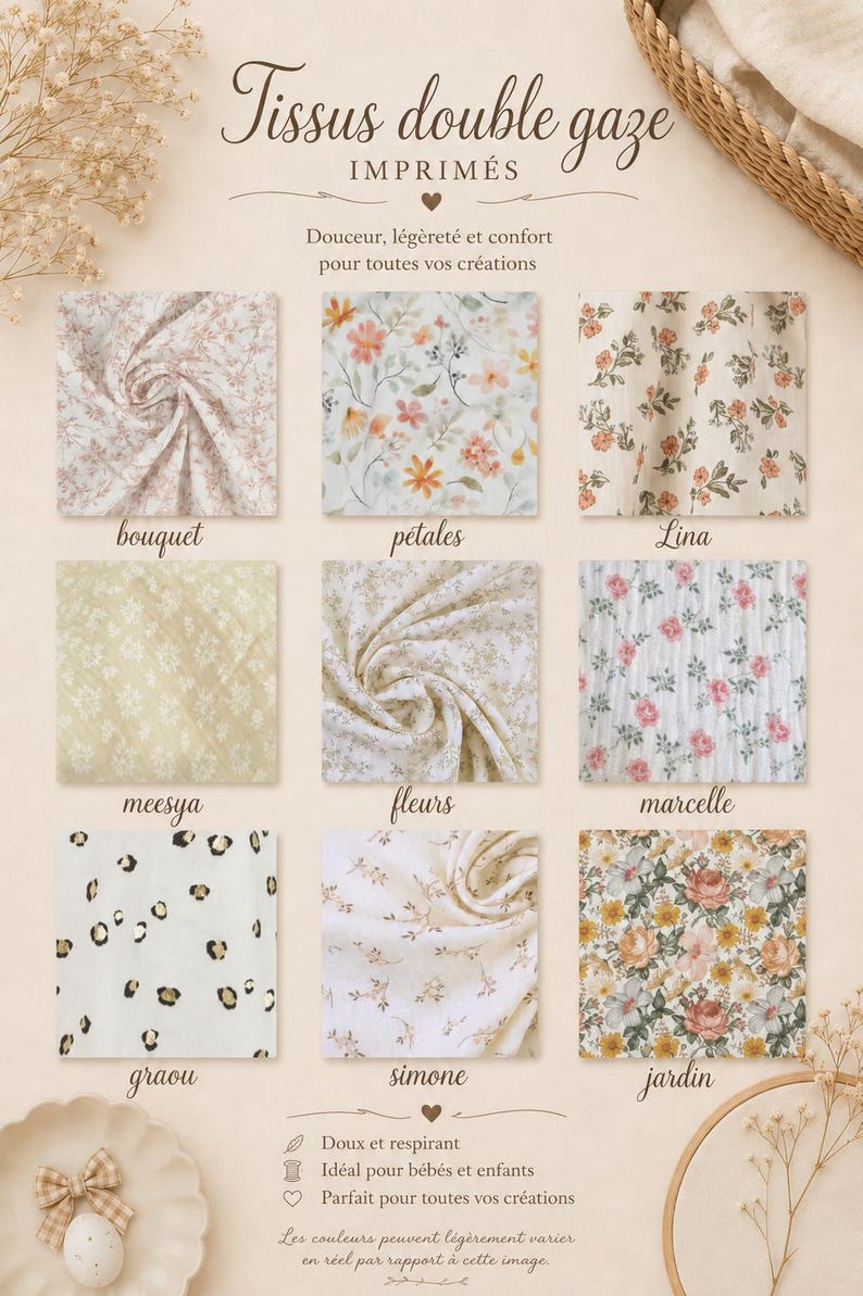May include: A collection of nine double gauze fabric swatches featuring various floral, botanical, and animal print patterns. The text Tissus double gaze imprim&eacute;s is displayed at the top, with individual labels for each fabric swatch including bouquet, p&eacute;tales, lina, meesya, fleurs, marcelle, graou, simone, and jardin.