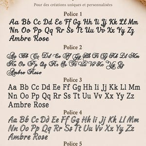 May include: A digital display sheet titled NUANCIER Polices de broderie featuring five distinct embroidery font styles labeled Police 1 through Police 5. Each font displays the full alphabet in uppercase and lowercase letters, followed by the name Ambre Rose.