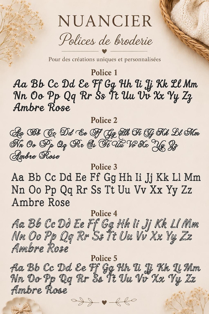 May include: A digital display sheet titled NUANCIER Polices de broderie featuring five distinct embroidery font styles labeled Police 1 through Police 5. Each font displays the full alphabet in uppercase and lowercase letters, followed by the name Ambre Rose.