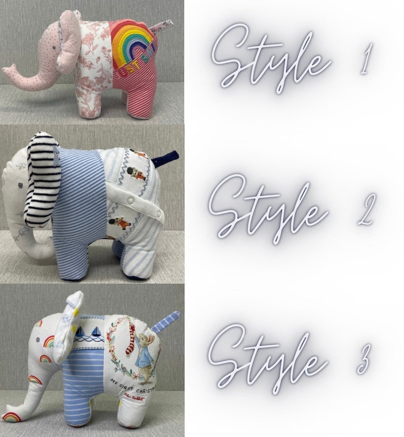 May include: Three handmade elephant plushies made from repurposed baby clothes. The first elephant is pink with a rainbow and the words "Just One" on the back. The second elephant is blue and white striped with a sailor design on the back. The third elephant is blue and white striped with a rainbow, sailboats, and a Peter Rabbit design on the back.
