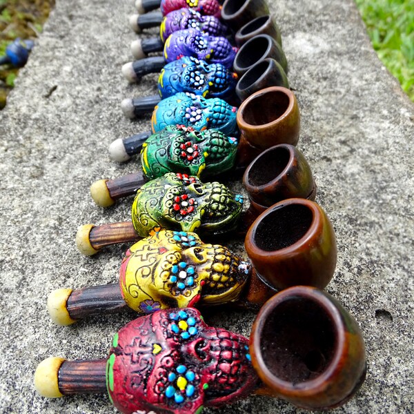 Sugar Skull Tobacco Smoking Hand Pipe - Handmade Day of the Dead Art Natural Bowl Dia De Los Muertos Holiday Flower Child Hippie Smoker Gift