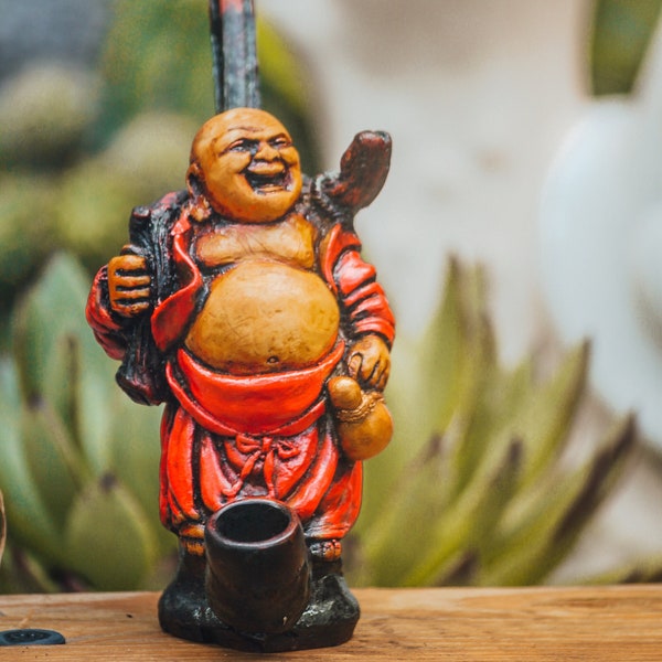 Chinese Buddha Tobacco Smoking Pipe - Handmade Art Natural Coconut Bowl Spiritual Smoker Gifts Meditation Yoga Feng Shui Buddhism Figurine