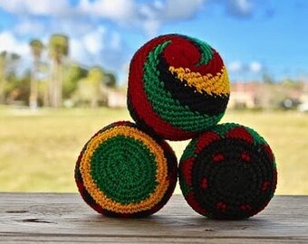 Rasta Geometric Pattern Crochet Hacky Ball Foot Bag Kick Sack - Handmade Gifts Tribal Ethnic Reggae Toys Assorted Jamaican Colors Bulk Sets