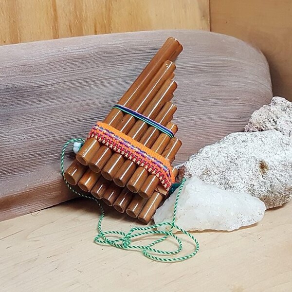 Wooden Bamboo Pan Flute - Handmade Ethnic Musical Instrument Toy Gifts Woodwind Natural Tribal Print Multicolored Art Pattern Cotton Strap