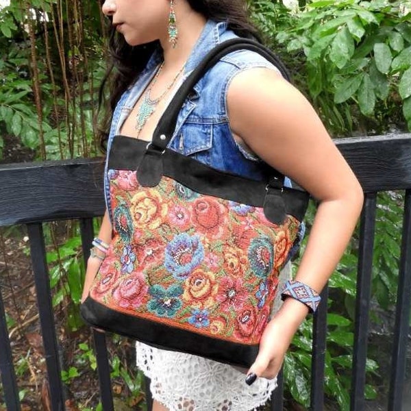 Large Floral Huipil Embroidered Tote Bag - Flower Vegan Suede Purse Womens Ethnic Hippie Fashion Travel Boho Natural Artisan Accessories