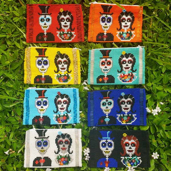 Day of the Dead Sugar Skull Seed Bead Coin Purse Change Pouch Bag Accessories Dia de Los Muertos Beadwork Skeleton Halloween Handmade Gifts