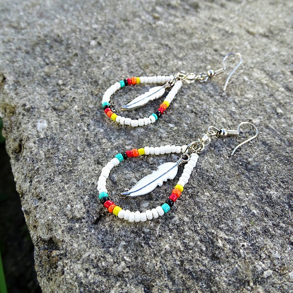 Tribal Feather Charm Dangle Seed Bead Teardrop Hoop Fashion Earrings - Native Ethnic Southwest Beadwork Multicolored Handmade Gifts for Her