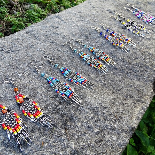 Tribal Beaded Triangle Chandelier Seed Bead Dangle Fashion Earrings - Native Ethnic Southwest Beadwork Multicolored Handmade Gifts for Her