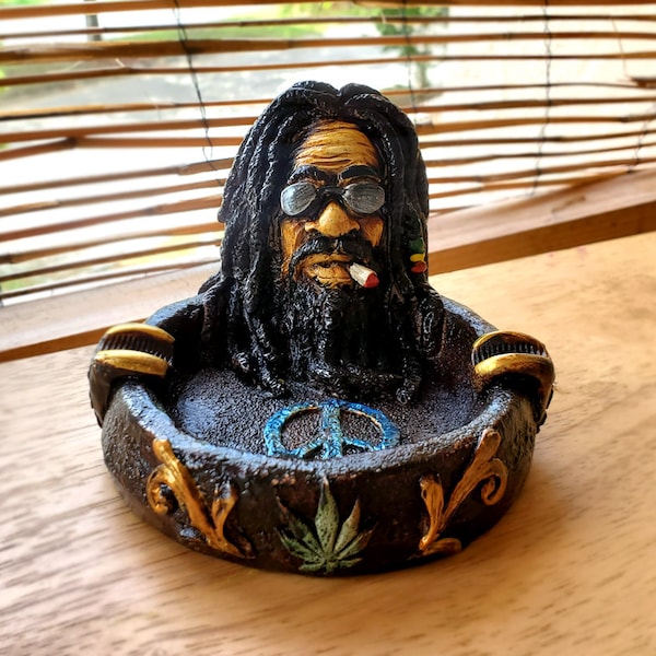 Rasta Man Cendrier - Rond Grand Brûleur de cigarettes Porte-bâton d’encens Décor fait à la main Jamaïcain Smoke Shop Cadeaux Feng Shui Reggae Stoner Art