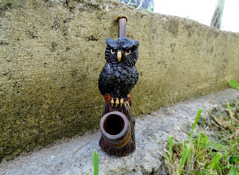 Handmade Spirit Animal Wildlife Art Natural Coconut Bowl Night Nocturnal Bird Figurine Gifts for Smokers Black Owl Tobacco Smoking Pipe