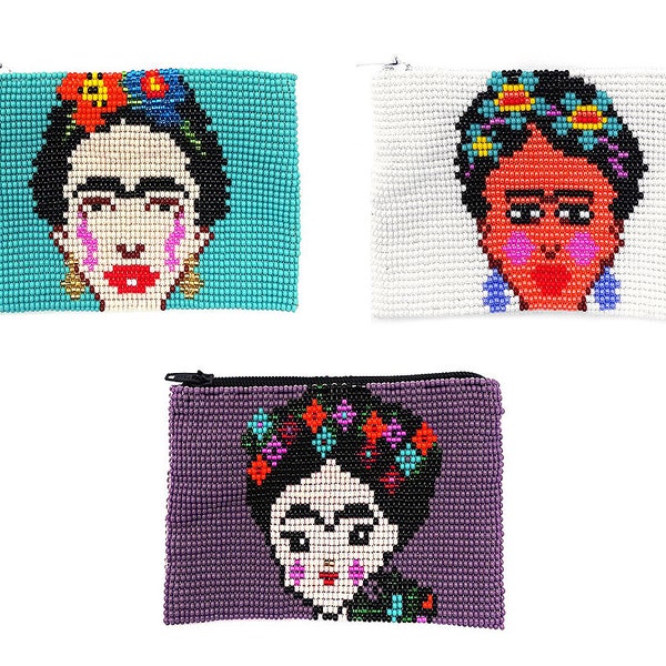 Frida Inspired Seed Bead Coin Purse Change Pouch Bag Accessory Mexican Artist Themed Beadwork Boho Portrait Fashion Handmade Gifts for Her