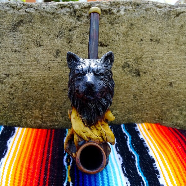 Wolf Head Tobacco Smoking Pipe - Handmade Spirit Animal Gray Dog Wildlife Art Natural Coconut Bowl Southwest Figurine Cool Gifts for Smokers